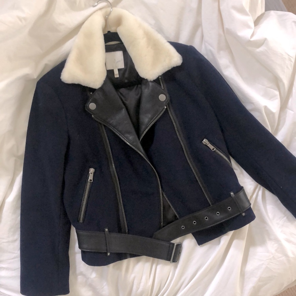 Joie wool Moto jacket w/ leather trim & fur collar